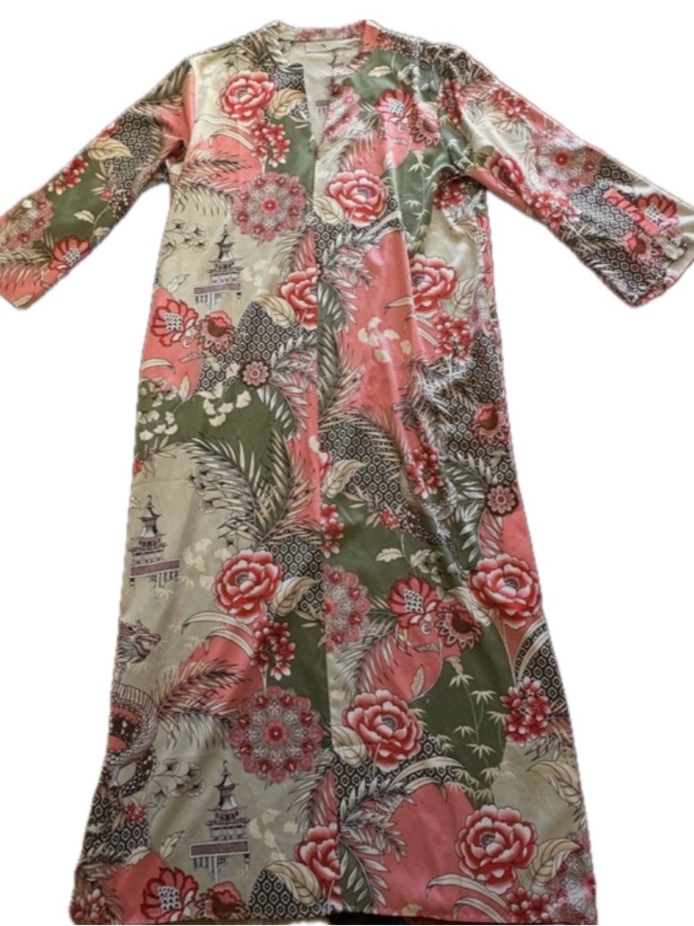 Vintage Natori Silky Maxi Gown Robe Coral & Olive Long Split Sleeve & Pockets - Picture 6 of 10